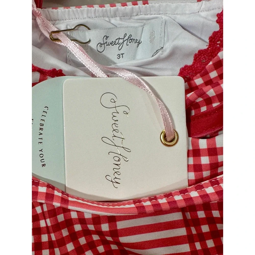 SweetHoney Girls Red White Plaid Polka Dot 2 Piece Swimsuit Bikini 3T NWT